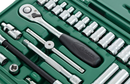 SATA 09001 36-piece 1/4" drive metric socket set with ratchet, extensions, bits & more in a durable carry case for versatile use.