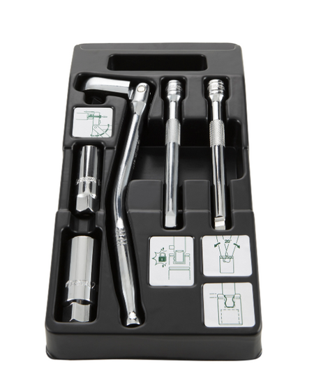 SATA 09003 5-piece 3/8" drive spark plug socket set, 16mm & 21mm sockets, flex-head ratchet & extension bars for tune-up work.