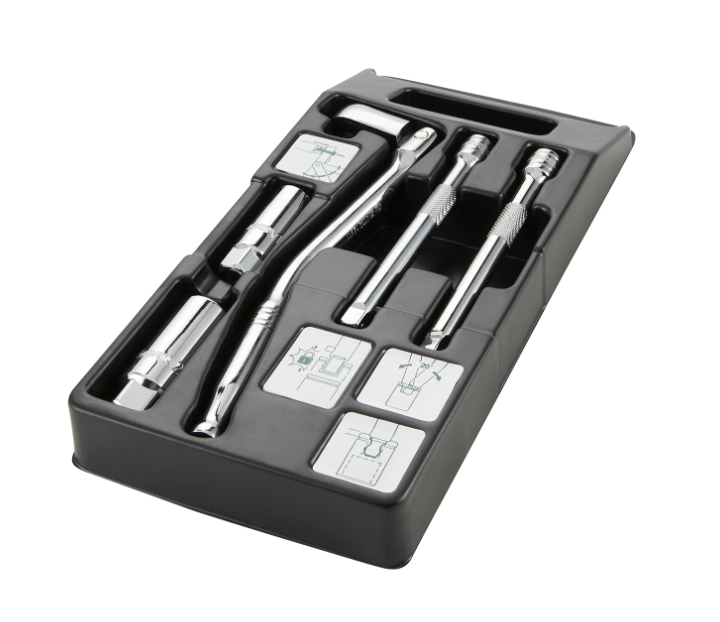 SATA 09003 5-piece 3/8" drive spark plug socket set, 16mm & 21mm sockets, flex-head ratchet & extension bars for tune-up work.
