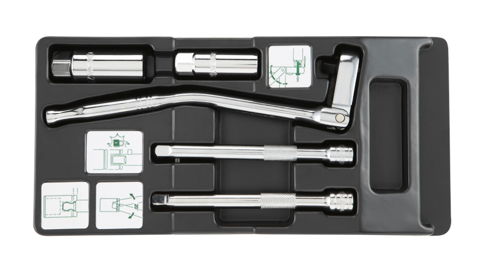 SATA 09003 5-piece 3/8" drive spark plug socket set, 16mm & 21mm sockets, flex-head ratchet & extension bars for tune-up work.