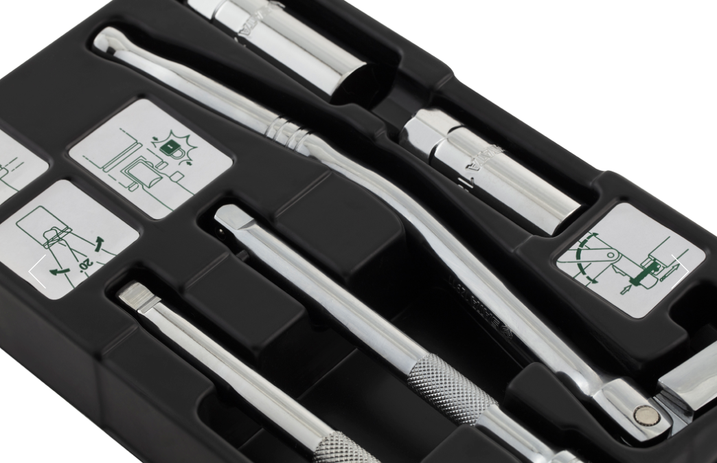 SATA 09003 5-piece 3/8" drive spark plug socket set, 16mm & 21mm sockets, flex-head ratchet & extension bars for tune-up work.