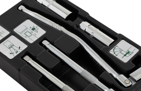 SATA 09003 5-piece 3/8" drive spark plug socket set, 16mm & 21mm sockets, flex-head ratchet & extension bars for tune-up work.