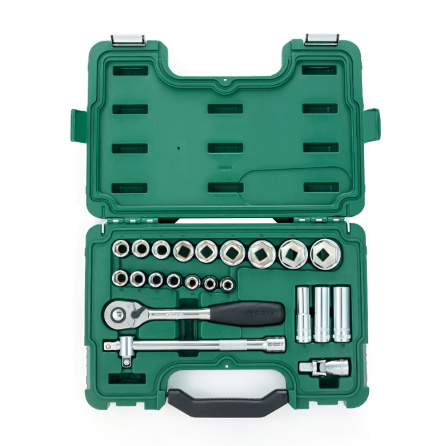 SATA 09005 23-piece 1/2" drive metric socket set with ratchet, extension bar, universal joint & 3-way adaptor in a durable case.