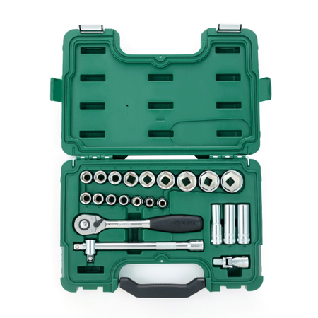 SATA 09005 23-piece 1/2" drive metric socket set with ratchet, extension bar, universal joint & 3-way adaptor in a durable case.
