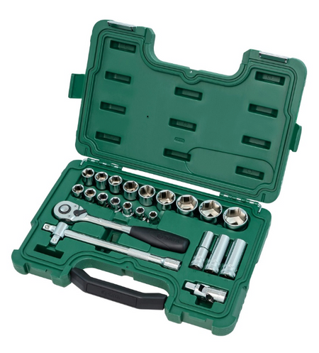 SATA 09005 23-piece 1/2" drive metric socket set with ratchet, extension bar, universal joint & 3-way adaptor in a durable case.