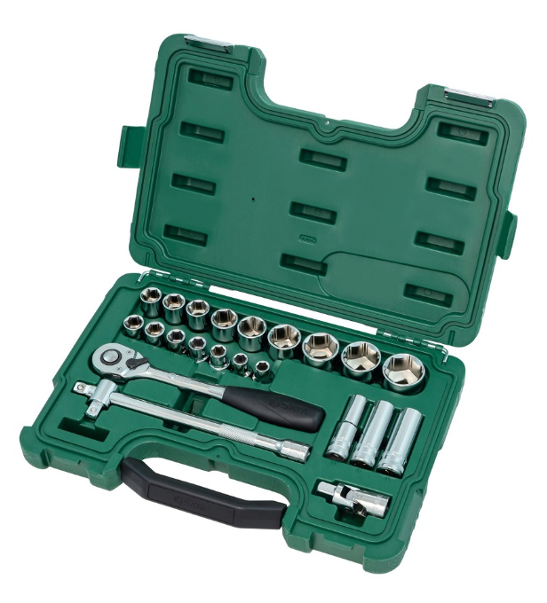 SATA 09005 23-piece 1/2" drive metric socket set with ratchet, extension bar, universal joint & 3-way adaptor in a durable case.