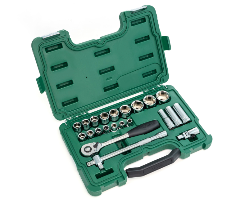 SATA 09005 23-piece 1/2" drive metric socket set with ratchet, extension bar, universal joint & 3-way adaptor in a durable case.