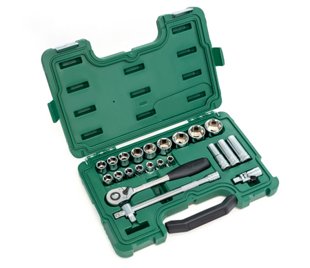 SATA 09005 23-piece 1/2" drive metric socket set with ratchet, extension bar, universal joint & 3-way adaptor in a durable case.