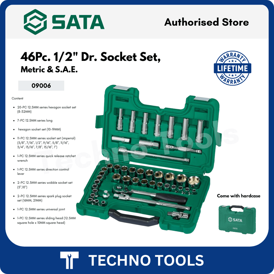 SATA 09006 46Pc 1/2" Drive Socket Set | Metric & SAE Tools Kit