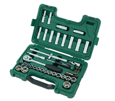 SATA 09007 60-piece 1/2" drive metric socket set with ratchet, extensions, spark plug sockets & bits in a durable carry case.