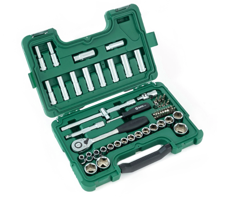 SATA 09007 60-piece 1/2" drive metric socket set with ratchet, extensions, spark plug sockets & bits in a durable carry case.