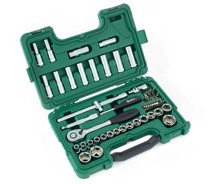 SATA 09007 60-piece 1/2" drive metric socket set with ratchet, extensions, spark plug sockets & bits in a durable carry case.