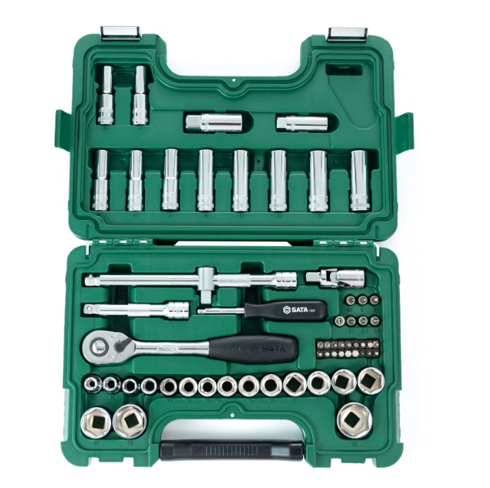 SATA 09007 60-piece 1/2" drive metric socket set with ratchet, extensions, spark plug sockets & bits in a durable carry case.