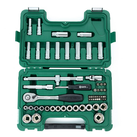 SATA 09007 60-piece 1/2" drive metric socket set with ratchet, extensions, spark plug sockets & bits in a durable carry case.