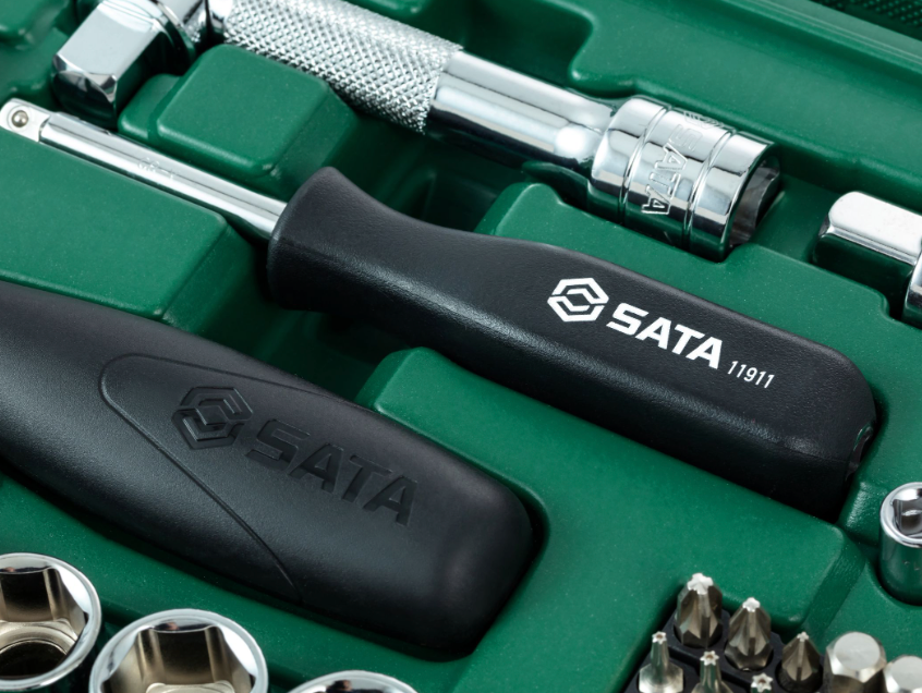 SATA 09007 60-piece 1/2" drive metric socket set with ratchet, extensions, spark plug sockets & bits in a durable carry case.