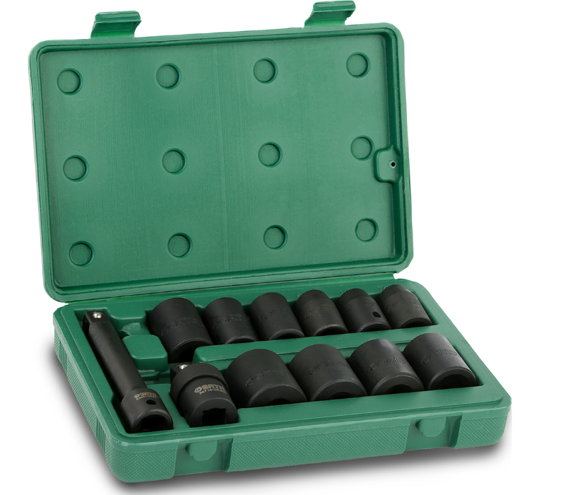 SATA 09008 12-piece 1/2" drive SAE impact socket set with universal joint & extension bar in a durable carry case.