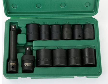 SATA 09008 12-piece 1/2" drive SAE impact socket set with universal joint & extension bar in a durable carry case.