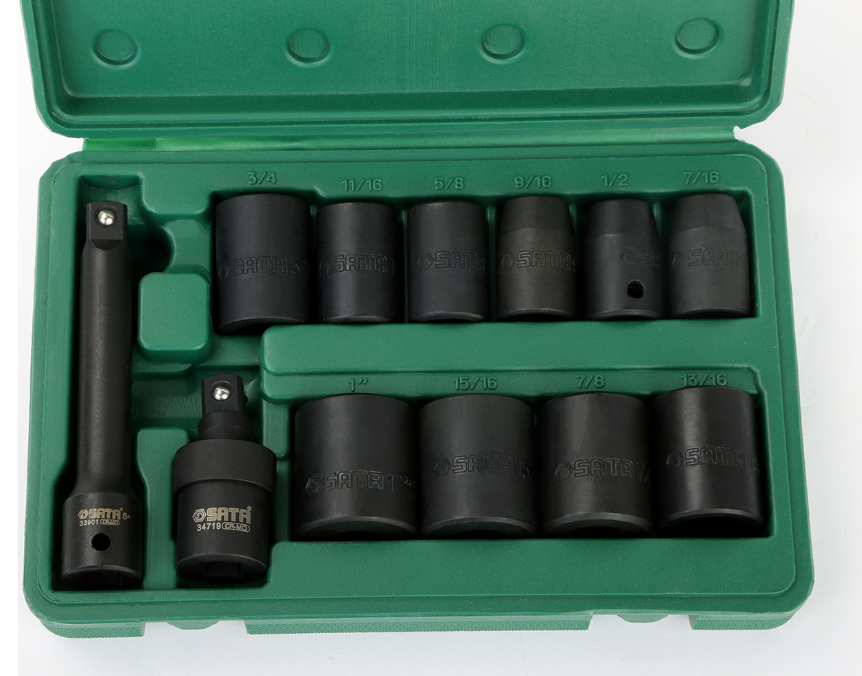 SATA 09008 12-piece 1/2" drive SAE impact socket set with universal joint & extension bar in a durable carry case.