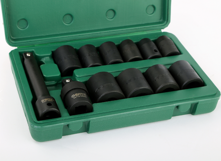 SATA 09008 12-piece 1/2" drive SAE impact socket set with universal joint & extension bar in a durable carry case.