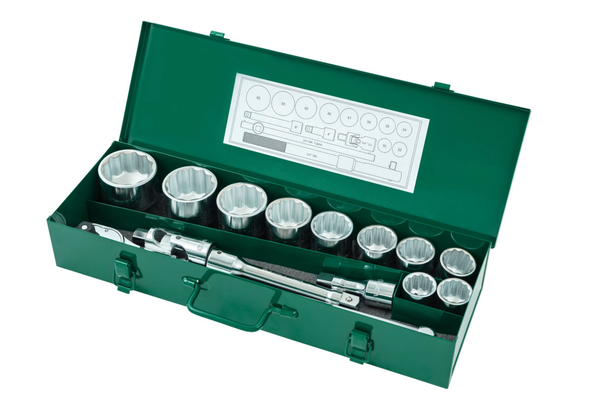 SATA 09015 15-piece 3/4" drive 12-point metric socket set with ratchet, wobble extensions, T-handle & universal joint.