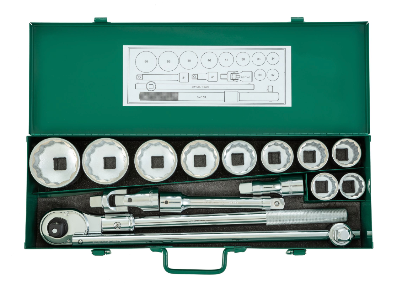 SATA 09015 15-piece 3/4" drive 12-point metric socket set with ratchet, wobble extensions, T-handle & universal joint.