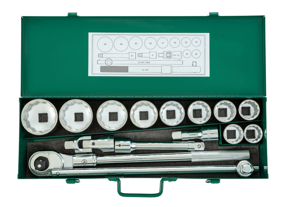 SATA 09015 15-piece 3/4" drive 12-point metric socket set with ratchet, wobble extensions, T-handle & universal joint.