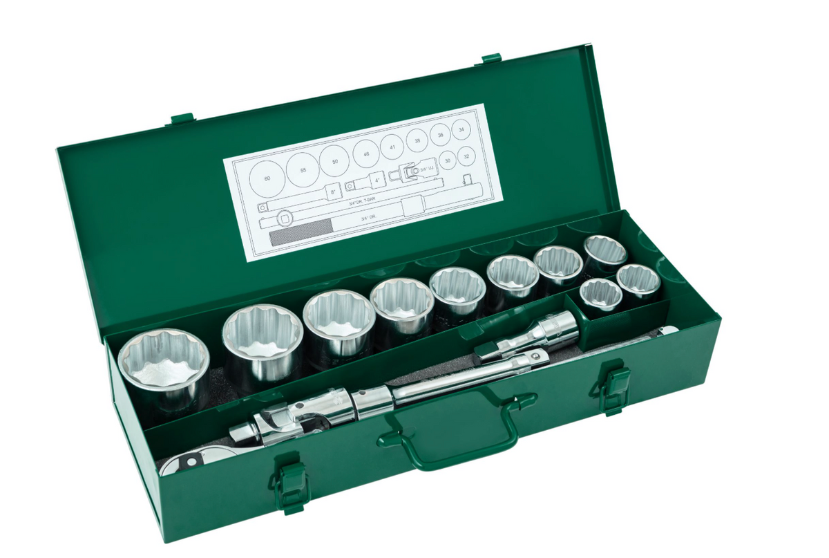 SATA 09015 15-piece 3/4" drive 12-point metric socket set with ratchet, wobble extensions, T-handle & universal joint.