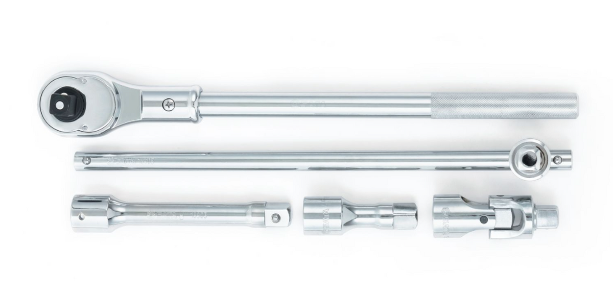 SATA 09015 15-piece 3/4" drive 12-point metric socket set with ratchet, wobble extensions, T-handle & universal joint.