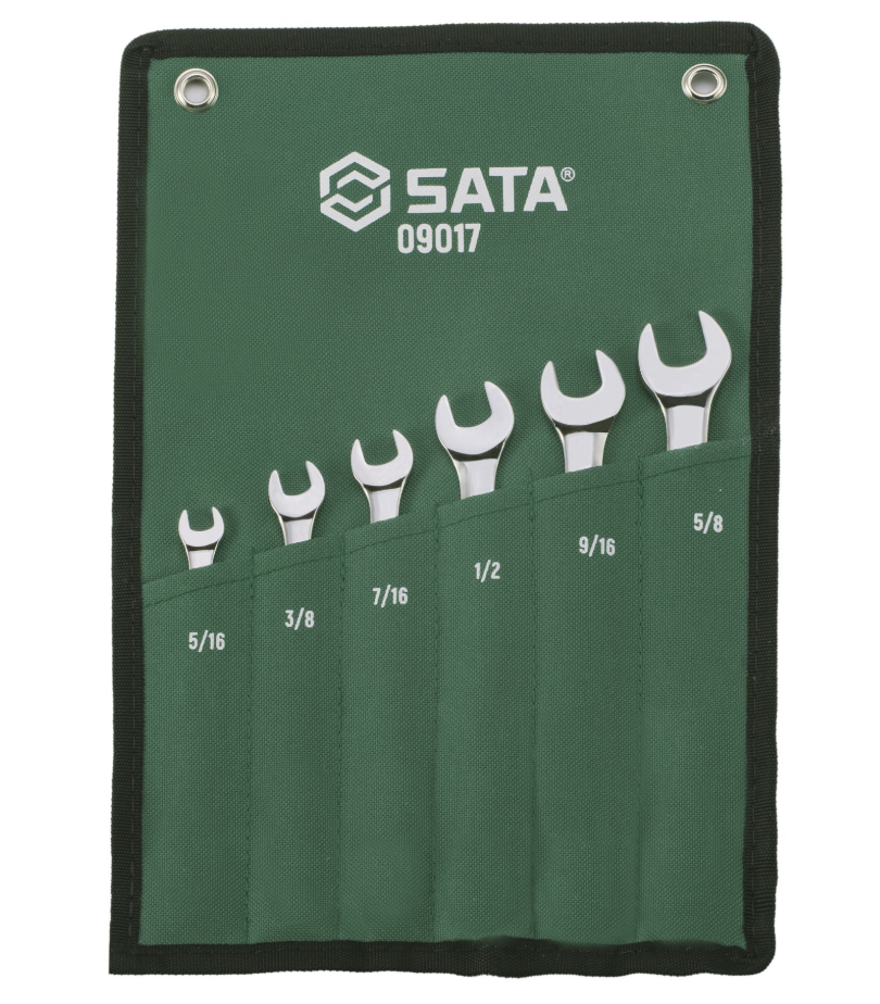 SATA 09017 6-piece full polish combination wrench set, SAE 5/16"-5/8". Durable, precision-forged wrenches for everyday use.