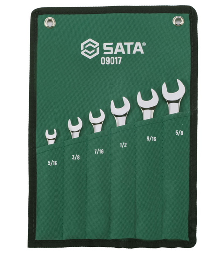 SATA 09017 6-piece full polish combination wrench set, SAE 5/16"-5/8". Durable, precision-forged wrenches for everyday use.