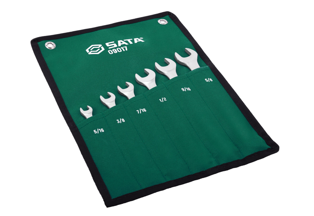 SATA 09017 6-piece full polish combination wrench set, SAE 5/16"-5/8". Durable, precision-forged wrenches for everyday use.