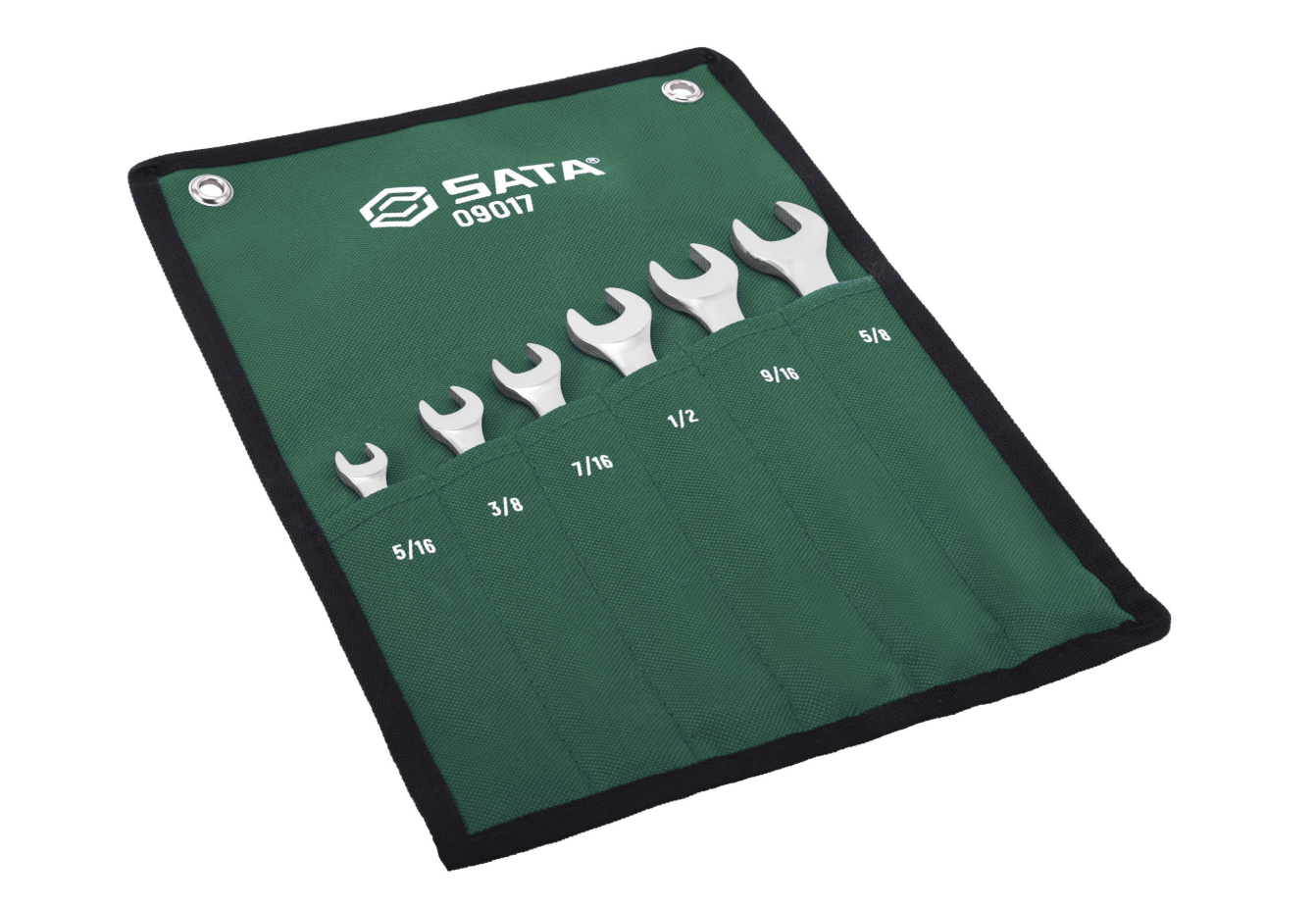 SATA 09017 6-piece full polish combination wrench set, SAE 5/16"-5/8". Durable, precision-forged wrenches for everyday use.