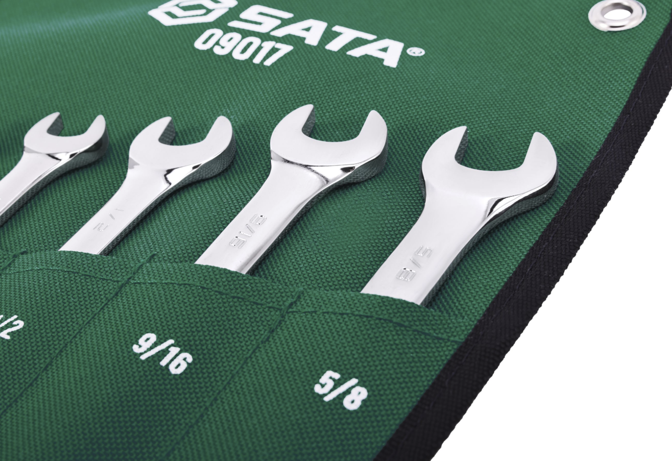 SATA 09017 6-piece full polish combination wrench set, SAE 5/16"-5/8". Durable, precision-forged wrenches for everyday use.