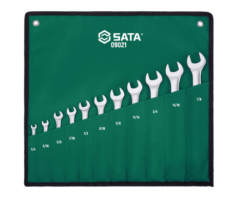 SATA 09021 11-piece full polish combination wrench set, SAE 1/4"-7/8". Durable, precision-forged wrenches for versatile use.