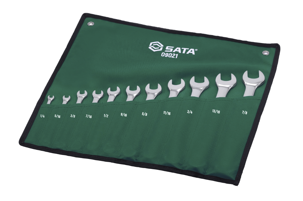 SATA 09021 11-piece full polish combination wrench set, SAE 1/4"-7/8". Durable, precision-forged wrenches for versatile use.