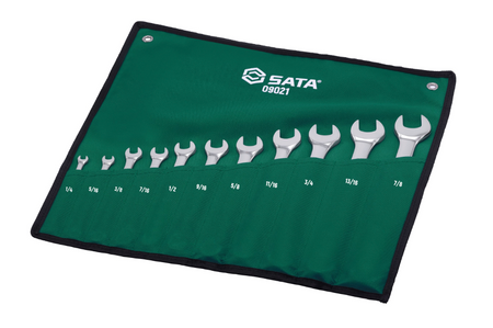 SATA 09021 11-piece full polish combination wrench set, SAE 1/4"-7/8". Durable, precision-forged wrenches for versatile use.