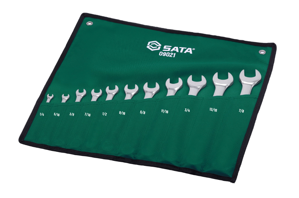 SATA 09021 11-piece full polish combination wrench set, SAE 1/4"-7/8". Durable, precision-forged wrenches for versatile use.
