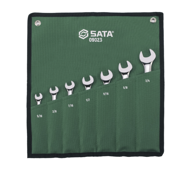 SATA 09023 7-piece full polish combination ratcheting wrench set, SAE 5/16"-3/4". Fast, efficient fastening for everyday use.
