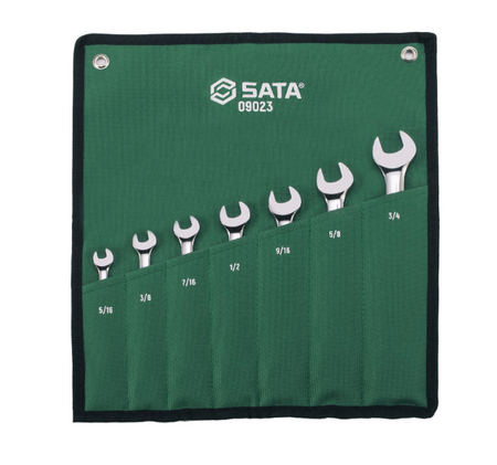 SATA 09023 7-piece full polish combination ratcheting wrench set, SAE 5/16"-3/4". Fast, efficient fastening for everyday use.