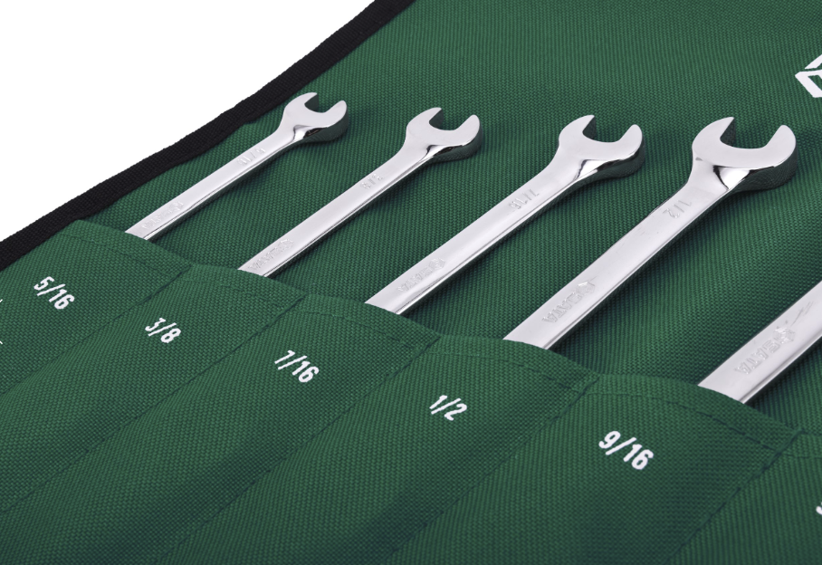 SATA 09023 7-piece full polish combination ratcheting wrench set, SAE 5/16"-3/4". Fast, efficient fastening for everyday use.
