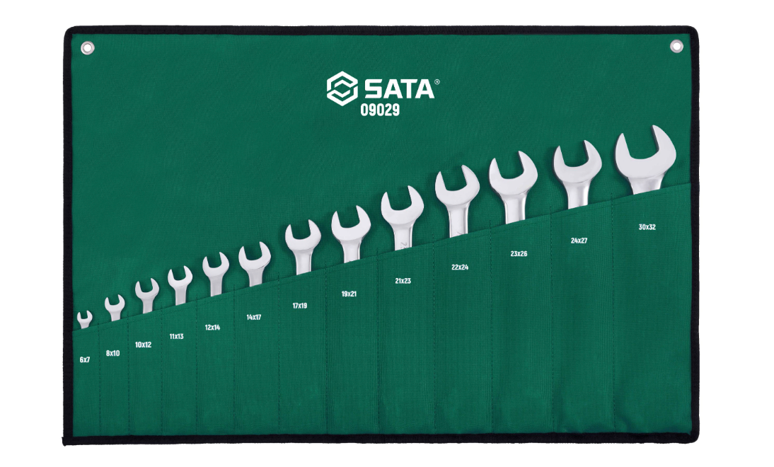 SATA 09029 13-piece full polish double open end wrench set, metric 6-32mm. Durable, precision-forged for versatile fastening.