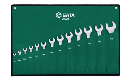 SATA 09029 13-piece full polish double open end wrench set, metric 6-32mm. Durable, precision-forged for versatile fastening.