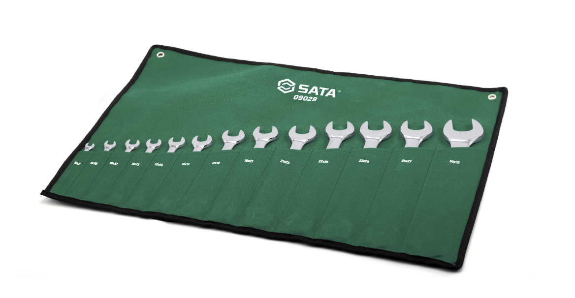 SATA 09029 13-piece full polish double open end wrench set, metric 6-32mm. Durable, precision-forged for versatile fastening.