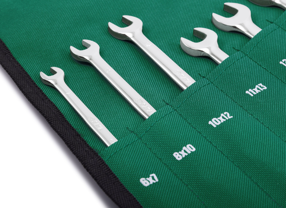 SATA 09029 13-piece full polish double open end wrench set, metric 6-32mm. Durable, precision-forged for versatile fastening.