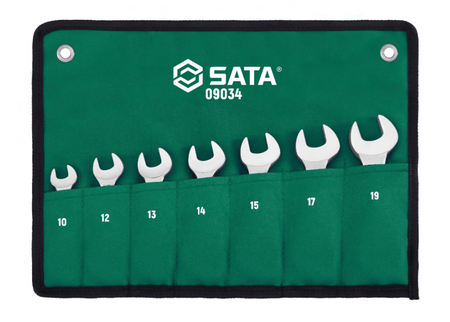 SATA 09034 7-piece full polish stubby ratcheting wrench set, metric 10-19mm. Compact design for tight, confined spaces.