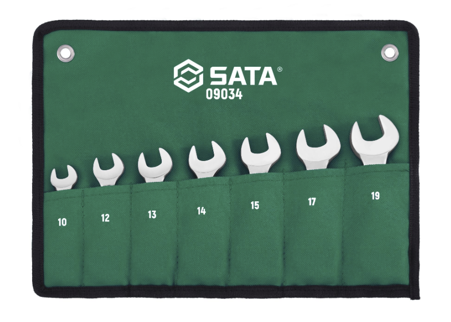 SATA 09034 7-piece full polish stubby ratcheting wrench set, metric 10-19mm. Compact design for tight, confined spaces.