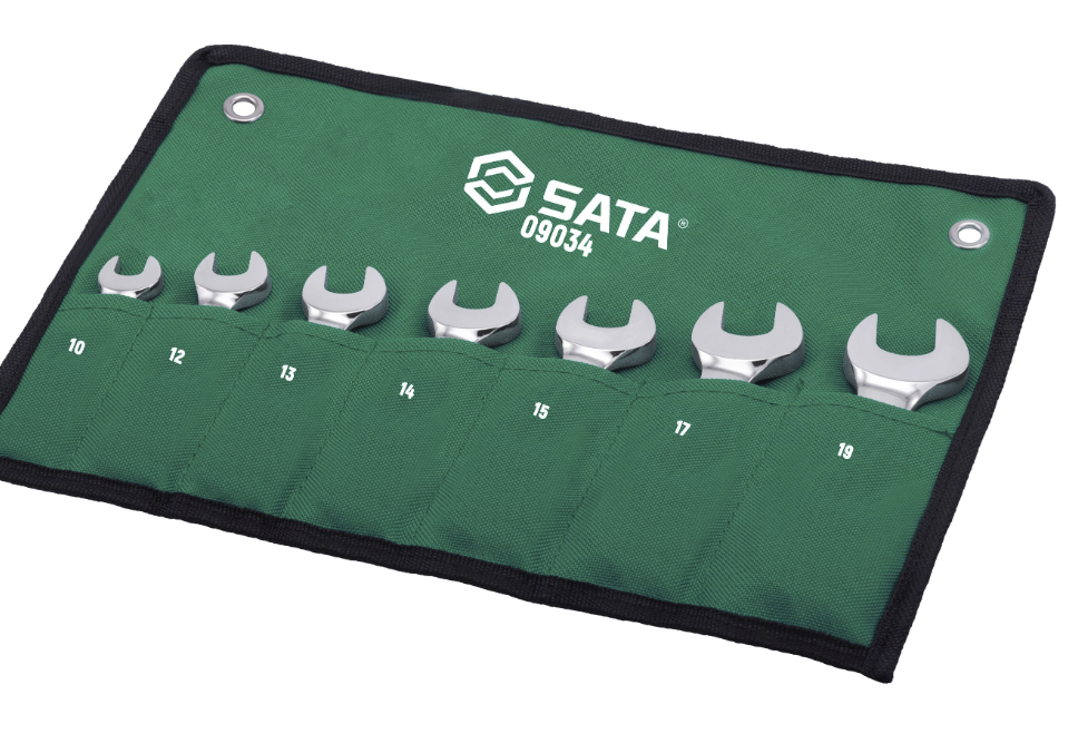SATA 09034 7-piece full polish stubby ratcheting wrench set, metric 10-19mm. Compact design for tight, confined spaces.