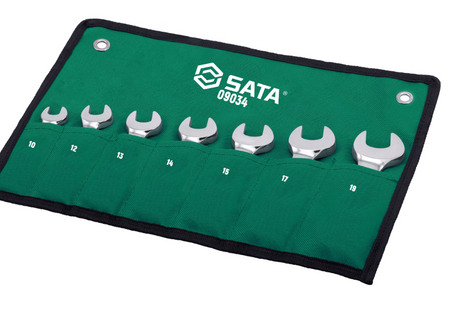 SATA 09034 7-piece full polish stubby ratcheting wrench set, metric 10-19mm. Compact design for tight, confined spaces.