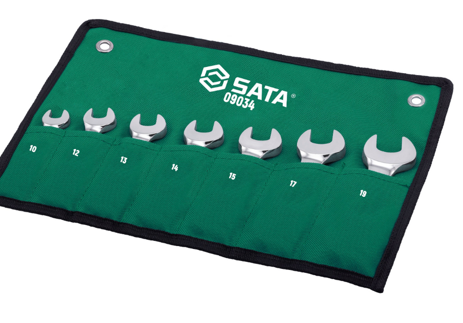 SATA 09034 7-piece full polish stubby ratcheting wrench set, metric 10-19mm. Compact design for tight, confined spaces.