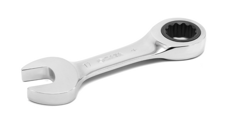 SATA 09034 7-piece full polish stubby ratcheting wrench set, metric 10-19mm. Compact design for tight, confined spaces.